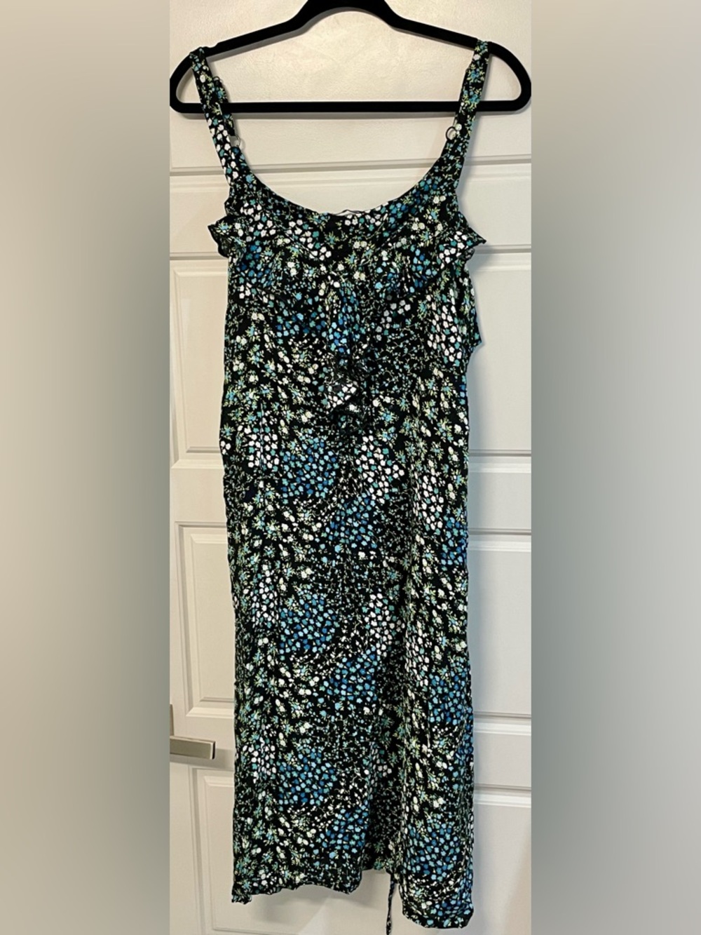 Penningtons Black Floral Midi Dress with Blue, Green, and White Print